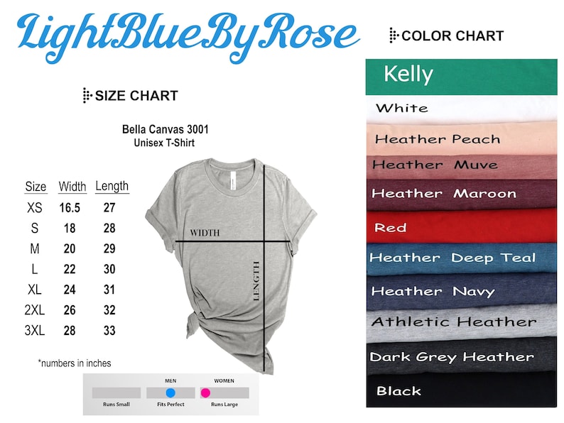May include: Size chart for Bella Canvas 3001 unisex t-shirts, showing width and length measurements in inches for sizes XS to 3XL. Color chart shows available colors: Kelly, White, Heather Peach, Heather Muve, Heather Maroon, Red, Heather Deep Teal, Heather Navy, Athletic Heather, Dark Grey Heather, and Black.