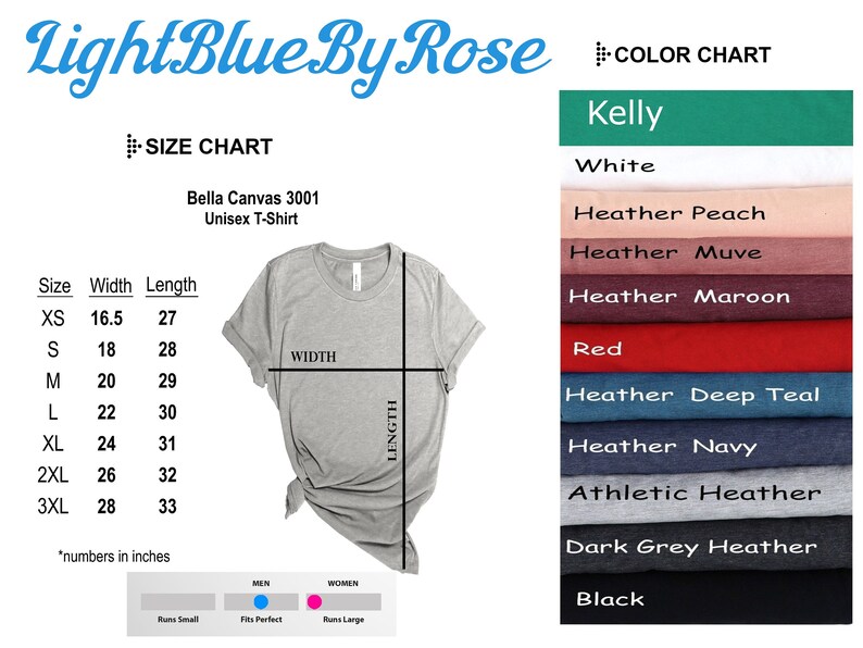 Pode incluir: Tabela de tamanhos para camisetas unissex Bella Canvas 3001, mostrando as medidas de largura e comprimento em polegadas para os tamanhos XS a 3XL. A tabela de cores mostra as cores dispon&iacute;veis: Kelly, Branco, P&ecirc;ssego mesclado, Malva mesclado, Marrom mesclado, Vermelho, Azul-petr&oacute;leo mesclado, Azul marinho mesclado, Cinza mesclado atl&eacute;tico, Cinza escuro mesclado e Preto.