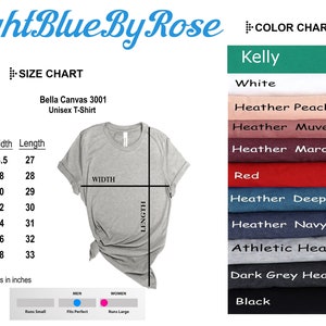 K&ouml;nnte beinhalten: Gr&ouml;&szlig;entabelle f&uuml;r Unisex-T-Shirts von Bella Canvas 3001, die die Breite und L&auml;nge in Zoll f&uuml;r die Gr&ouml;&szlig;en XS bis 3XL angibt. Die Farbtabelle zeigt die verf&uuml;gbaren Farben: Kelly, Wei&szlig;, Heather Peach, Heather Muve, Heather Maroon, Rot, Heather Deep Teal, Heather Navy, Athletic Heather, Dark Grey Heather und Schwarz.