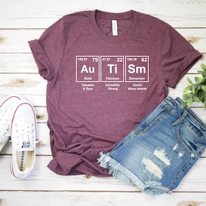 May include: A maroon t-shirt with a white graphic of the periodic table elements for gold, titanium, and samarium. The graphic includes the atomic number, symbol, name, and a brief description of each element.