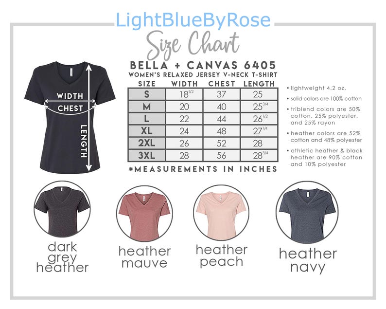 K&ouml;nnte beinhalten: Gr&ouml;&szlig;entabelle f&uuml;r das Bella + Canvas 6405 Damen-Relaxed-Jersey-V-Neck-T-Shirt. Die Tabelle zeigt die Ma&szlig;e in Zoll f&uuml;r Breite, Brust und L&auml;nge f&uuml;r die Gr&ouml;&szlig;en S bis 3XL. Die Tabelle enth&auml;lt auch Informationen &uuml;ber die Stoffzusammensetzung f&uuml;r verschiedene Farben, darunter Uni, Triblend und Heather.