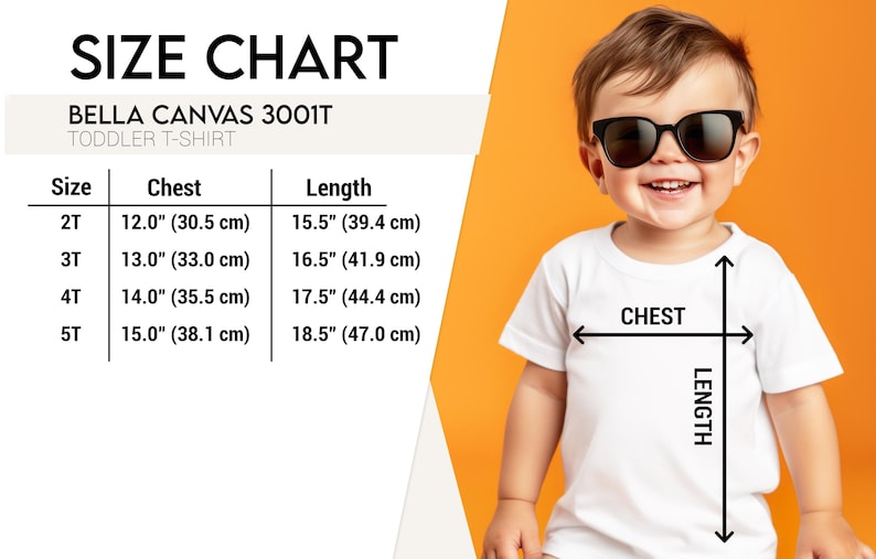Pode incluir: Tabela de tamanhos para camisetas infantis Bella Canvas 3001T. A tabela mostra as medidas de t&oacute;rax e comprimento em polegadas e cent&iacute;metros para os tamanhos 2T, 3T, 4T e 5T.