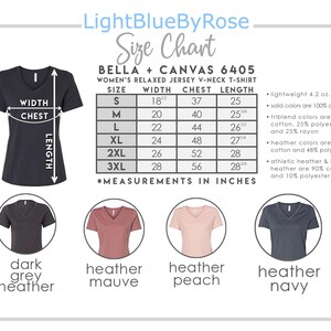 May include: Size chart for Bella + Canvas 6405 women's relaxed jersey v-neck t-shirt. The chart shows measurements in inches for width, chest, and length for sizes S through 3XL. The chart also includes information about the fabric composition for different colors, including solid, triblend, and heather.