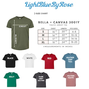 May include: Size chart for Bella + Canvas 3001Y youth jersey tee.  The chart shows chest and length measurements in inches for sizes S, M, L, and XL.  The chart also shows the corresponding age range for each size.  The image shows a variety of colors for the tee, including black, white, red, kelly green, dark grey heather, heather deep teal, and heather mauve.