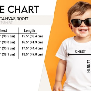 K&ouml;nnte beinhalten: Gr&ouml;&szlig;entabelle f&uuml;r Bella Canvas 3001T Kleinkind-T-Shirts. Die Tabelle zeigt Brust- und L&auml;ngenma&szlig;e in Zoll und Zentimetern f&uuml;r die Gr&ouml;&szlig;en 2T, 3T, 4T und 5T.