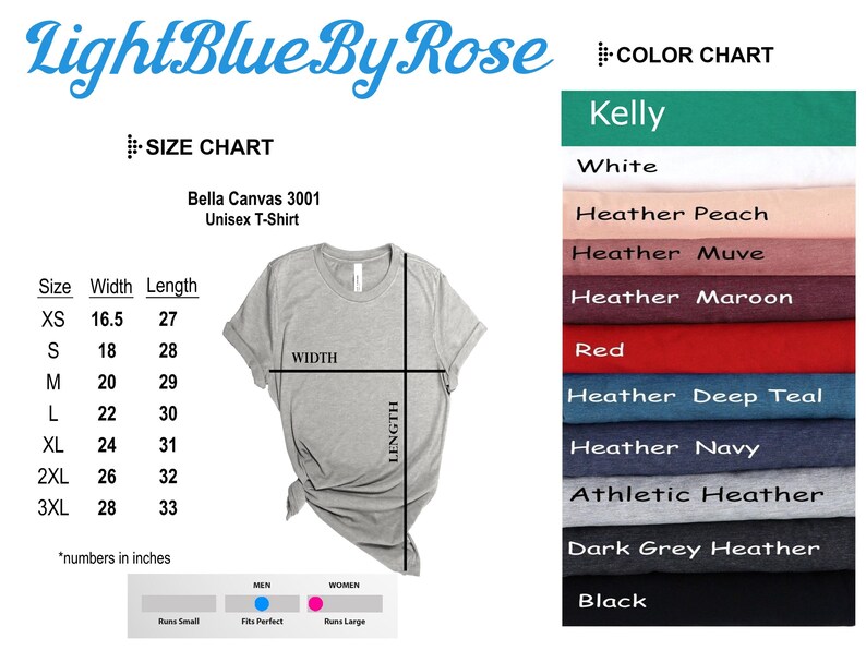 May include: Size chart for a Bella Canvas 3001 unisex t-shirt. The chart shows the width and length in inches for sizes XS to 3XL. A gray t-shirt is shown with measurements marked. A color chart shows the available colors: Kelly, White, Heather Peach, Heather Muve, Heather Maroon, Red, Heather Deep Teal, Heather Navy, Athletic Heather, Dark Grey Heather, and Black.