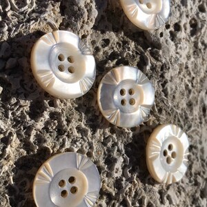 Può includere: Cinque bottoni rotondi iridescenti con quattro fori ciascuno. I bottoni hanno un design a bordo smerlato e una finitura perlata. I bottoni sono sparsi su una superficie grigia strutturata.