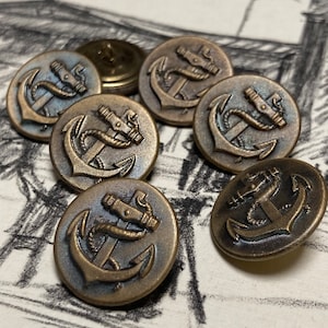 6 anciens boutons d'ancre en métal - boutons marins maritimes - 22 mm