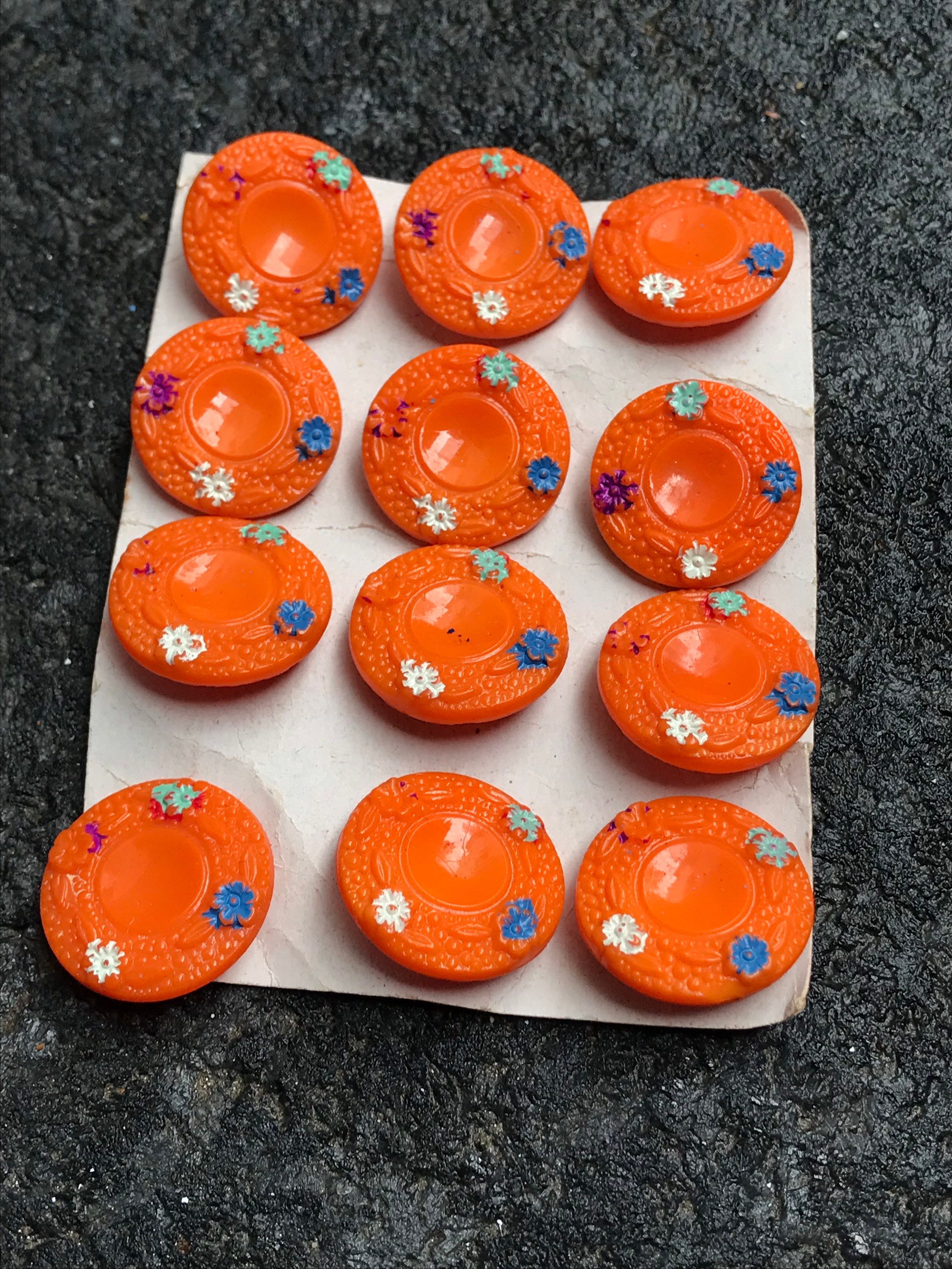 12 Old Vintage Glass Buttons on Salesman Card Orange Opaque Etsy