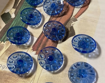 10 old blue clear glass buttons - crystal glass buttons - 22.5 mm