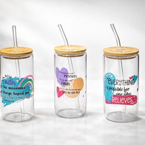 Christian Affirmation Iced Coffee Glass Cup with Lid Bible Verse Glass Can Faith Scripture Tumbler Hebrews 11 1