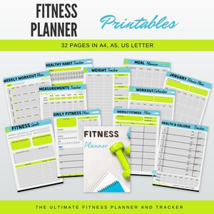 May include: A set of printable fitness planner pages in A4, A5, and US Letter sizes. The pages feature a variety of trackers and planners, including a weekly workout plan, a healthy habit tracker, a weight tracker, a meal planner, a workout calendar, a daily fitness plan, a weekly fitness plan, a fitness goals page, and a health and calorie tracker. The pages are designed in a bright green and blue color scheme.