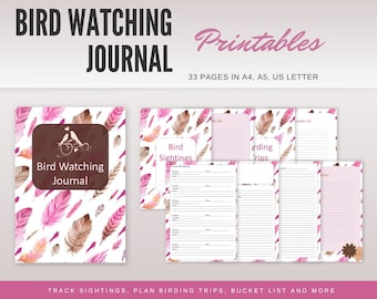 May include: Printable bird watching journal with 33 pages. The cover features a watercolor pattern of pink and brown feathers. The title "Bird Watching Journal" is written in brown text on a brown rectangle. The text "33 Pages in A4, A5, US Letter" is written in black text at the top of the page.