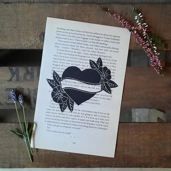 Linoleic printing - Sweet Heart on book paper – nostalgic – handmade