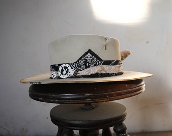 Custom One of Kind Handmade Beaver Felt Hat : "The Playboy", White alligator strap, black bandana, antique poker chip and a antique card