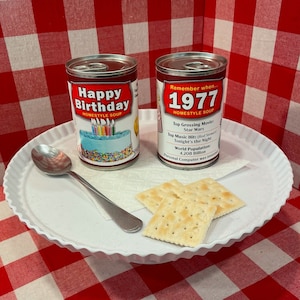 1977 Birthday Soup Can Labels - Unique Great Gift Idea Keepsake - Includes 2 Labels - Party Room Decoration - The Year You Were Born