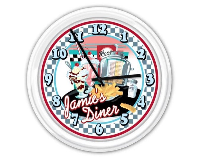 Diner PERSONALIZED Wall Clock - Kitchen Retro Decor - GREAT Birthday Christmas Holiday Gift Present - Home Restaurant 50's Juke Checker