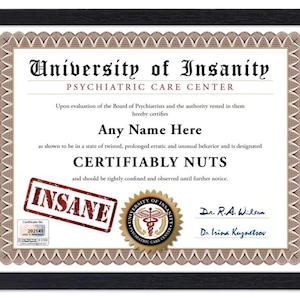Certificado universitário insano PERSONALIZADO - Digital, impresso ou emoldurado - Piada engraçada, maluca e inovadora - Presente de aniversário e Natal