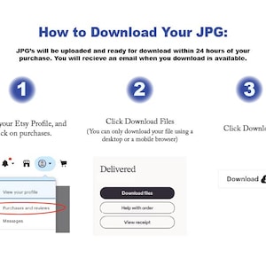 May include: A white graphic with instructions on how to download a JPG file from Etsy. The text includes steps to find purchases and reviews, download files, and click download. The image also shows a screenshot of the Etsy profile.