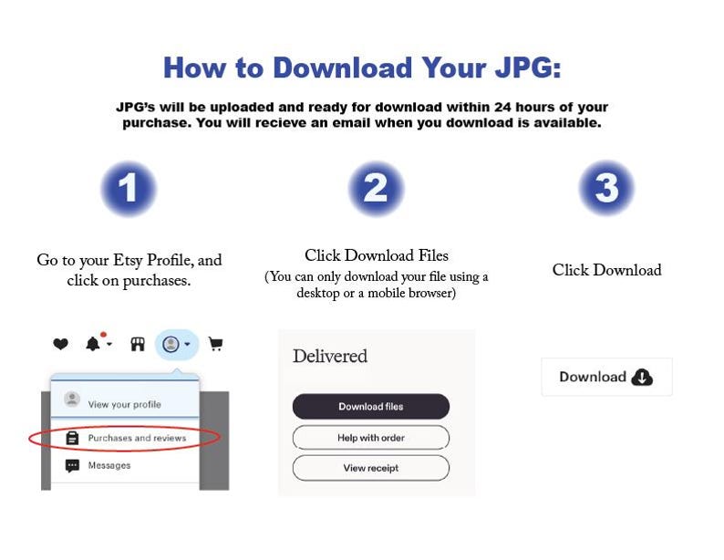 May include: A white graphic with instructions on how to download a JPG file from Etsy. The text includes steps to find purchases and reviews, download files, and click download. The image also shows a screenshot of the Etsy profile.