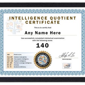 Personalisiertes IQ Test Score Zertifikat Intelligenzzertifikat - Digital, Gedruckt oder Gerahmt - Scherz Geburtstagsgeschenk Weihnachtsgeschenk Diplom