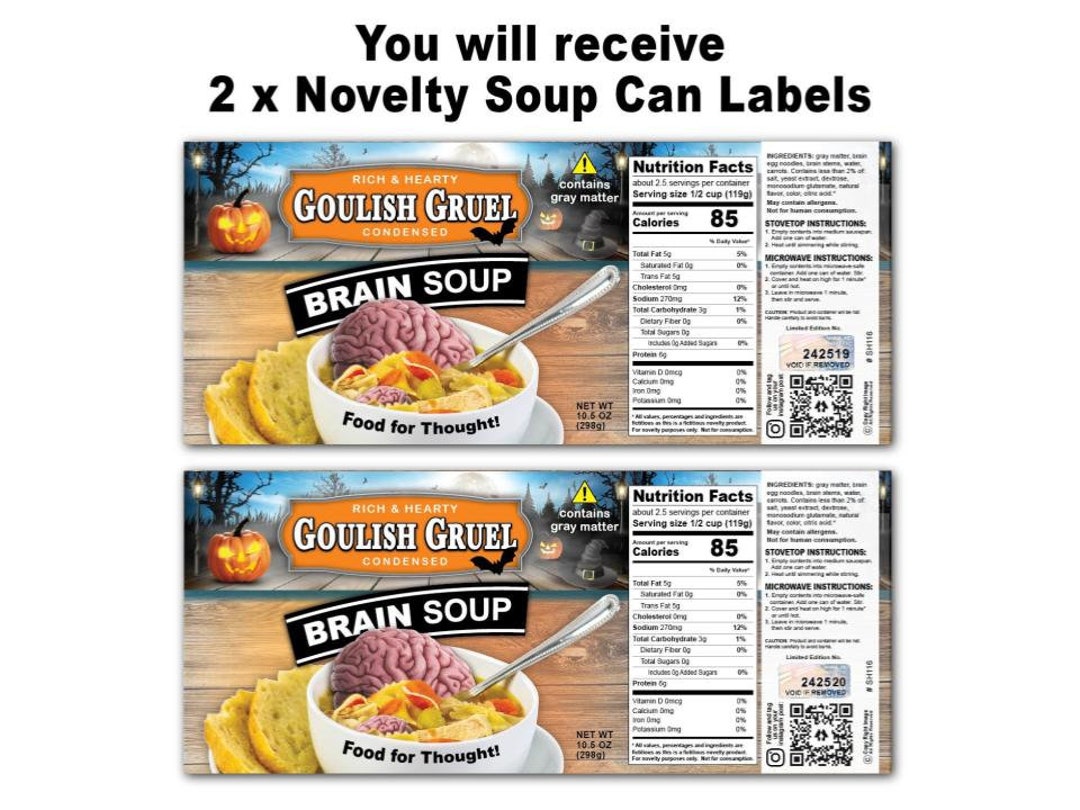 2 Funny HALLOWEEN Brains Soup Can Labels - Skeleton Zombie Gag Gift ...