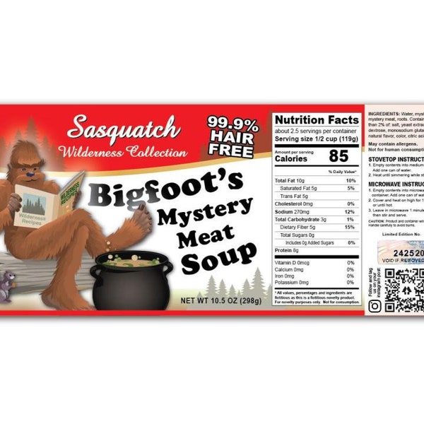 2 Funny Bigfoot Soup Can Labels - Gag Joke Prank - GREAT Christmas Gift Birthday Present - Wilderness Sasquatch Yeti Hair Hunter Tracker