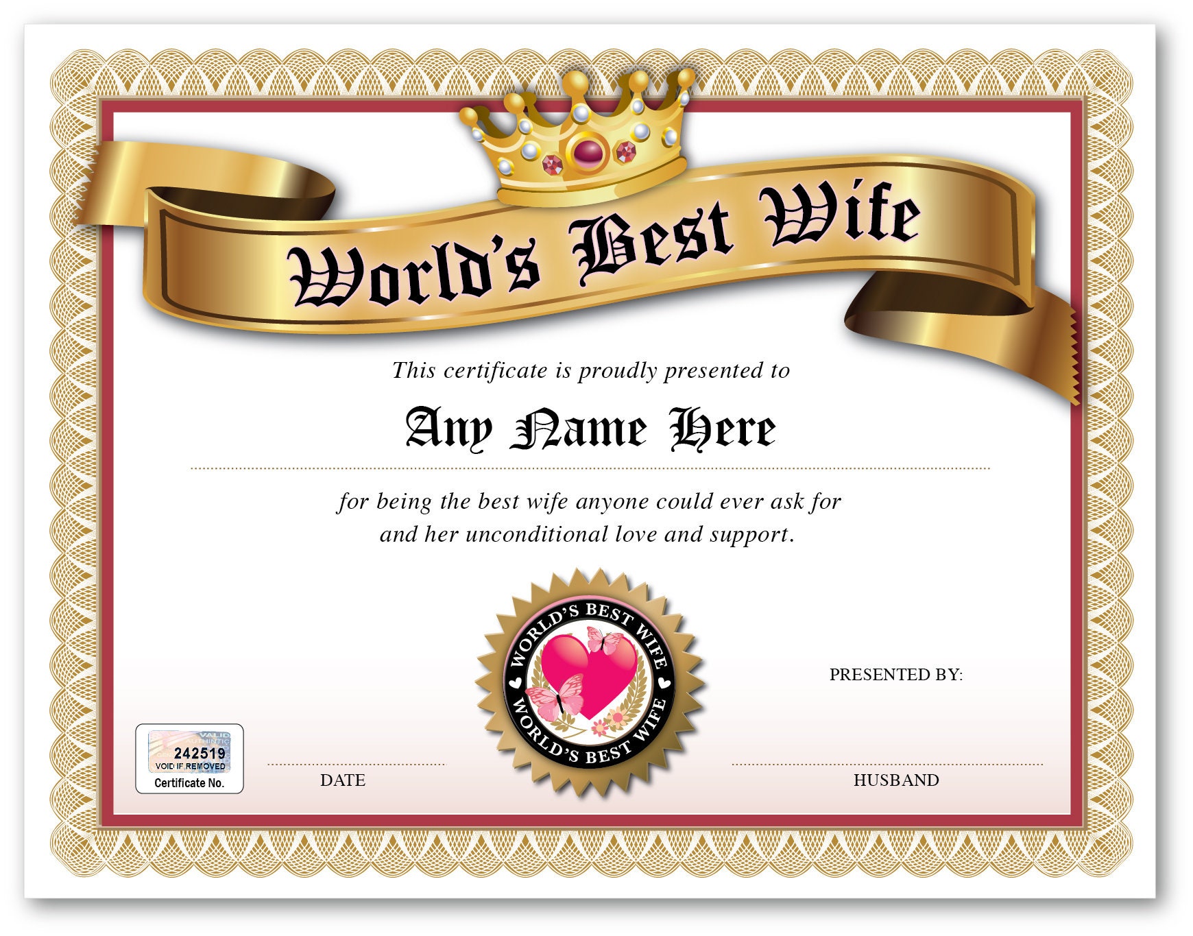 Personalized Best Wife in the World Award Certificate Etsy UK