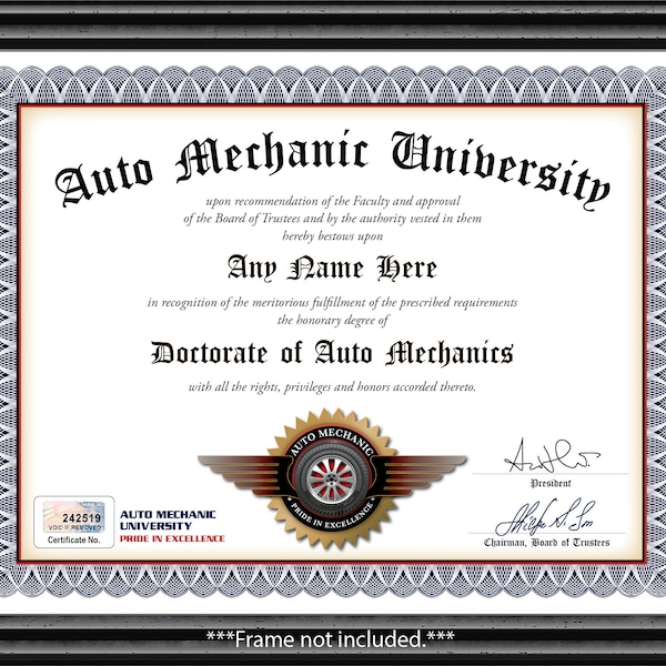 Personalized Auto Mechanic University Certificate - Digital or Printed - Car Garage Decor Diploma- GREAT BIRTHDAY GIFT Christmas Present Dad