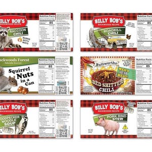6 Pack Funny REDNECK Soup Can LABELS - Gag Gift GREAT Stocking Stuffers - Present Party Joke Prank - Hillbilly Raccoon Squirrel