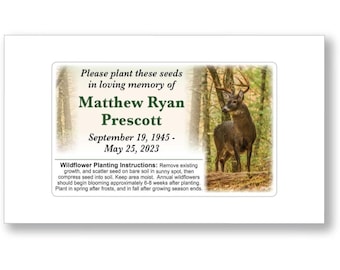 50 PERSONALIZED Deer MEMORIAL Seed Packets - Wildflower - Funeral Favors Mementos Remembrance Celebration of Life Hunting Hunter