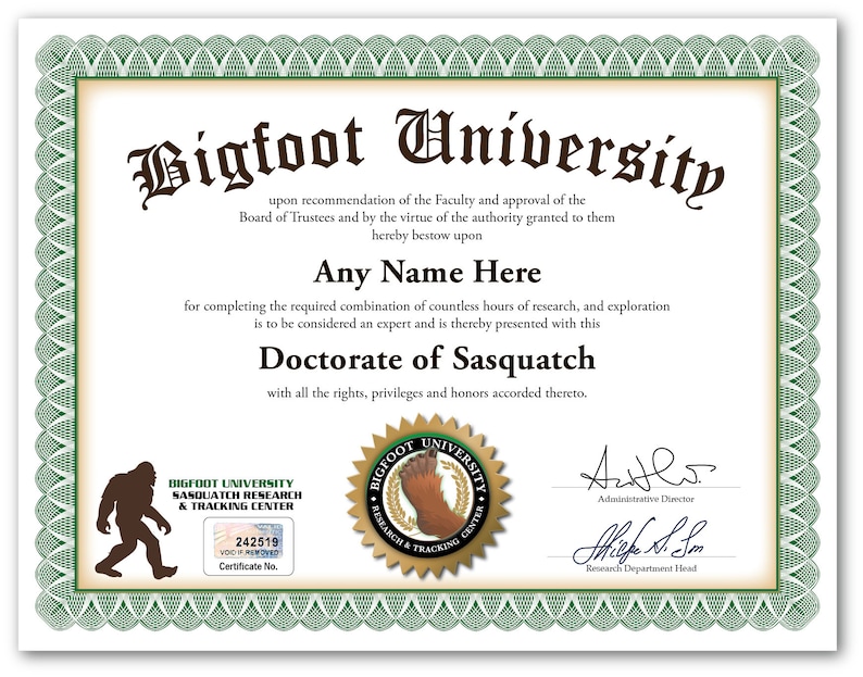 Personalized Bigfoot University Certificate Digital or Printed Custom Sasquatch Hunter Tracker GREAT BIRTHDAY GIFT Christmas Present image 2