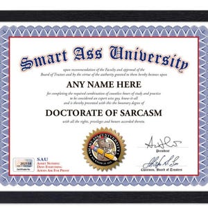 Smart Ass Universität SARKASM Zertifikat - Digital, gedruckt oder gerahmt - Lustiger Gag Witz Diplom GESCHENK Büro Geburtstag Weihnachtsgeschenk Streich