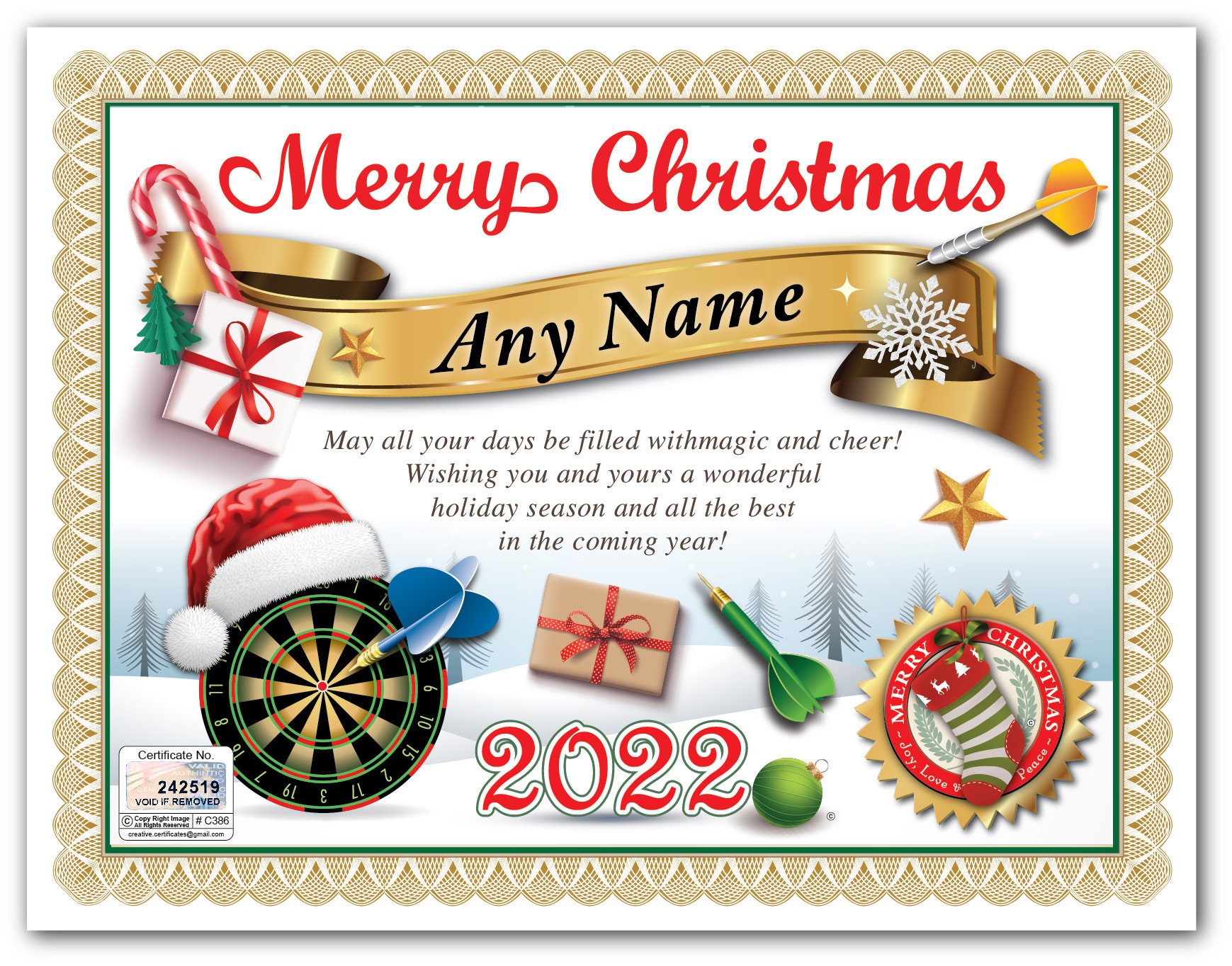 Aske filter rulle PERSONALIZED CHRISTMAS Darts Certificate Digital OR Printed - Etsy