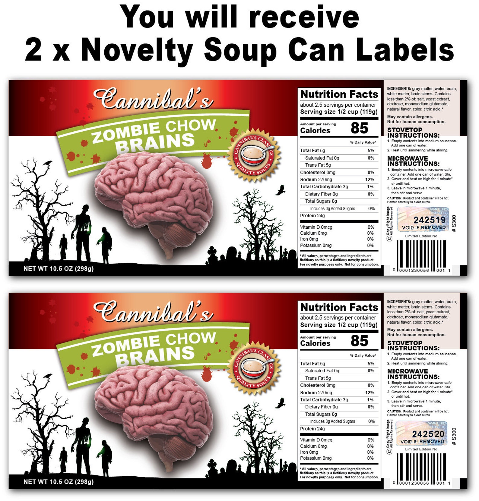 2 Funny Zombie Brains Soup Can Labels Gag Gift GREAT Stocking - Etsy