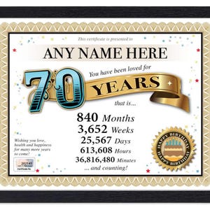 Certificado PERSONALIZADO de 70º ANIVERSÁRIO - Digital, Impresso ou Emoldurado - Presente de PRESENTE Único Personalizado Love Years - Cartão Diploma
