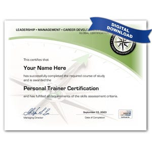 PERSONALIZED Personal Trainer Certificate: Digital Download - Fitness Training Course Diploma