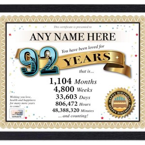 Certificado PERSONALIZADO de feliz aniversário de 92 anos - Digital, impresso ou emoldurado - Presente personalizado exclusivo Love Years - Cartão Diploma