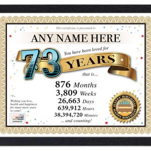 Certificado PERSONALIZADO de 73º aniversário de feliz aniversário - Digital, impresso ou emoldurado - Presente personalizado exclusivo Love Years - Cartão Diploma