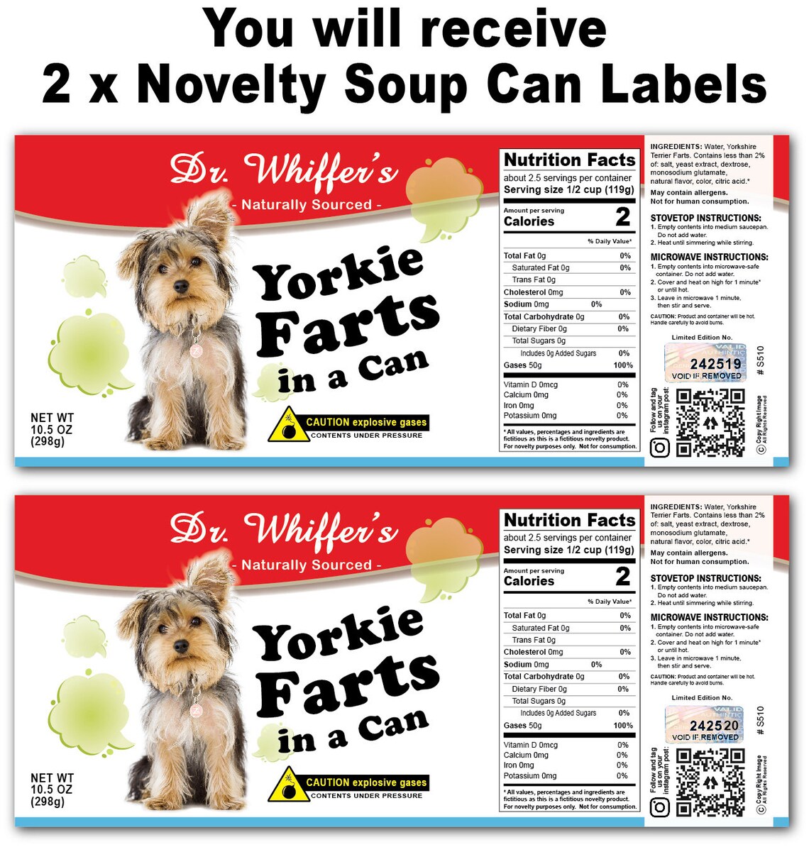 2X Funny Yorkie Farts Soup Can Labels - GREAT GIFT for Pet Lover Dog ...