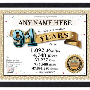 Certificado PERSONALIZADO de feliz aniversário de 91 anos - Digital, impresso ou emoldurado - Presente personalizado exclusivo Love Years - Cartão Diploma