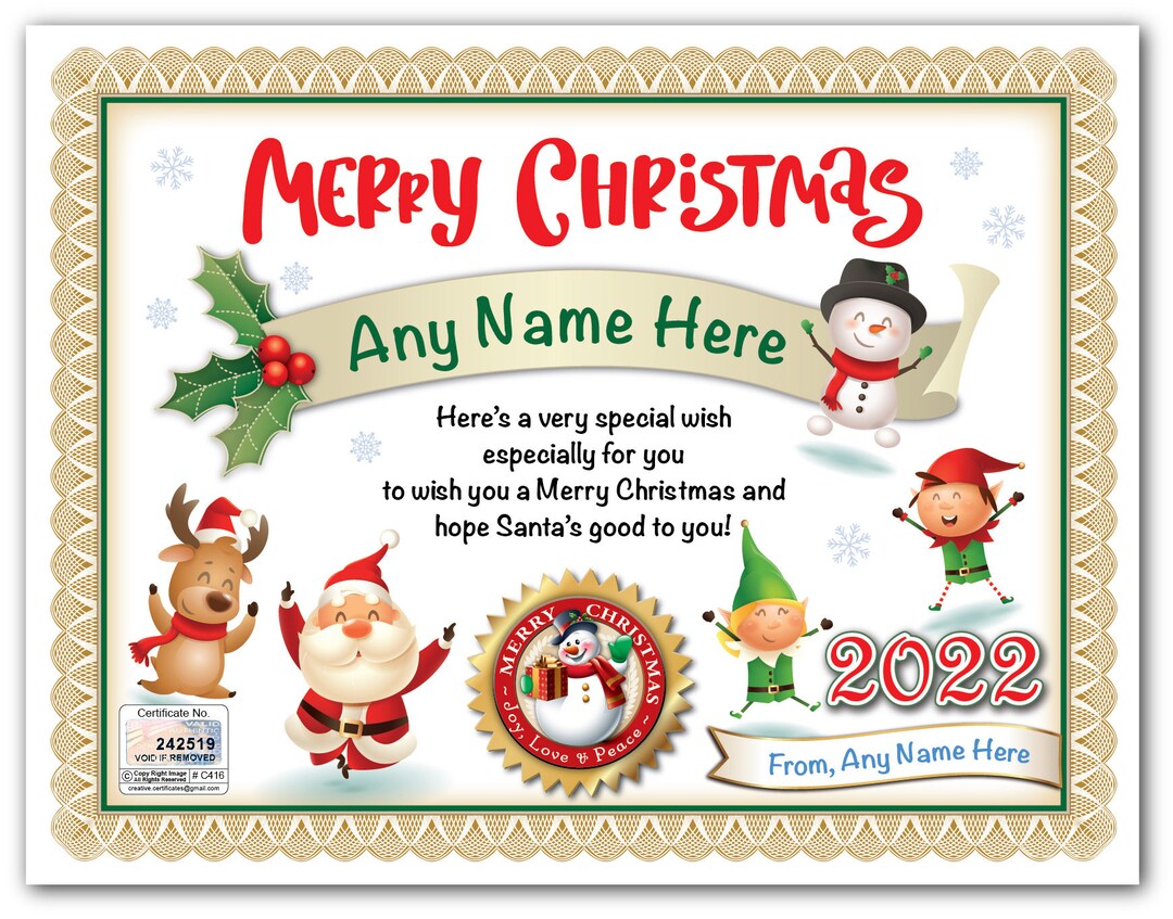 PERSONALIZED Kids CHRISTMAS Certificate - Digital OR Printed - Great ...