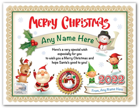 PERSONALIZED Kids CHRISTMAS Certificate Digital OR Printed - Etsy