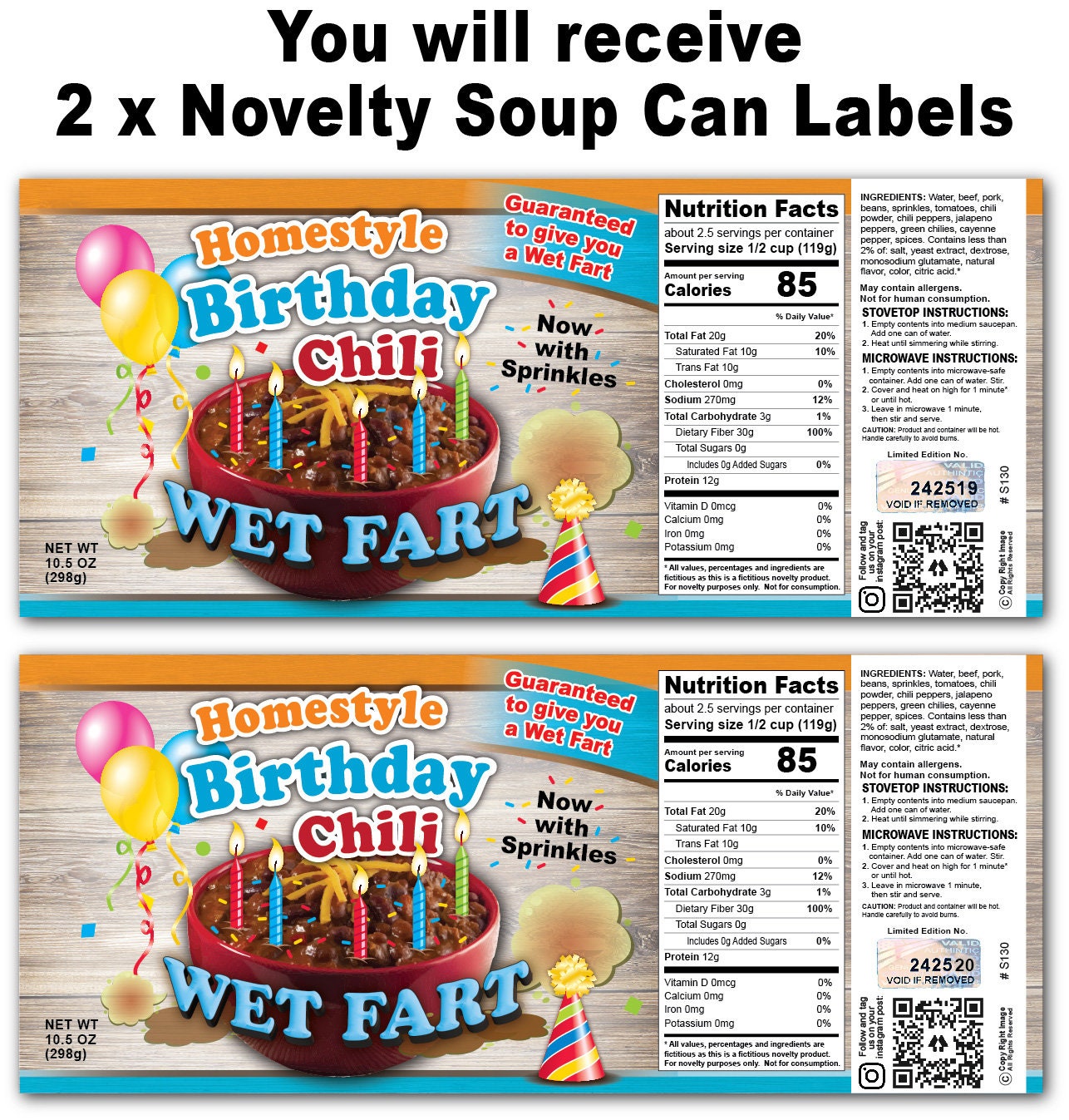 2 Funny Wet Fart Birthday Chili Soup Can Labels GAG GIFT Etsy