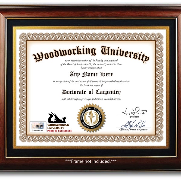 PERSONALIZED Carpentry Woodworking Certificate - DIGITAL or PRINTED - Carpenter University Award Diploma - Birthday Gift Christmas Present