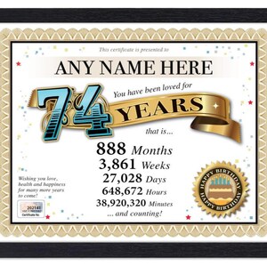 Certificado PERSONALIZADO de 74º aniversário - Digital, impresso ou emoldurado - Presente personalizado exclusivo Love Years - Cartão Diploma