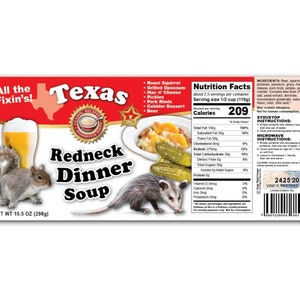 2 Funny Texas Redneck Dinner Soup Can Labels - GREAT Gag Gift Birthday Christmas Present Party Joke Prank - Hillbilly Country Hilarious