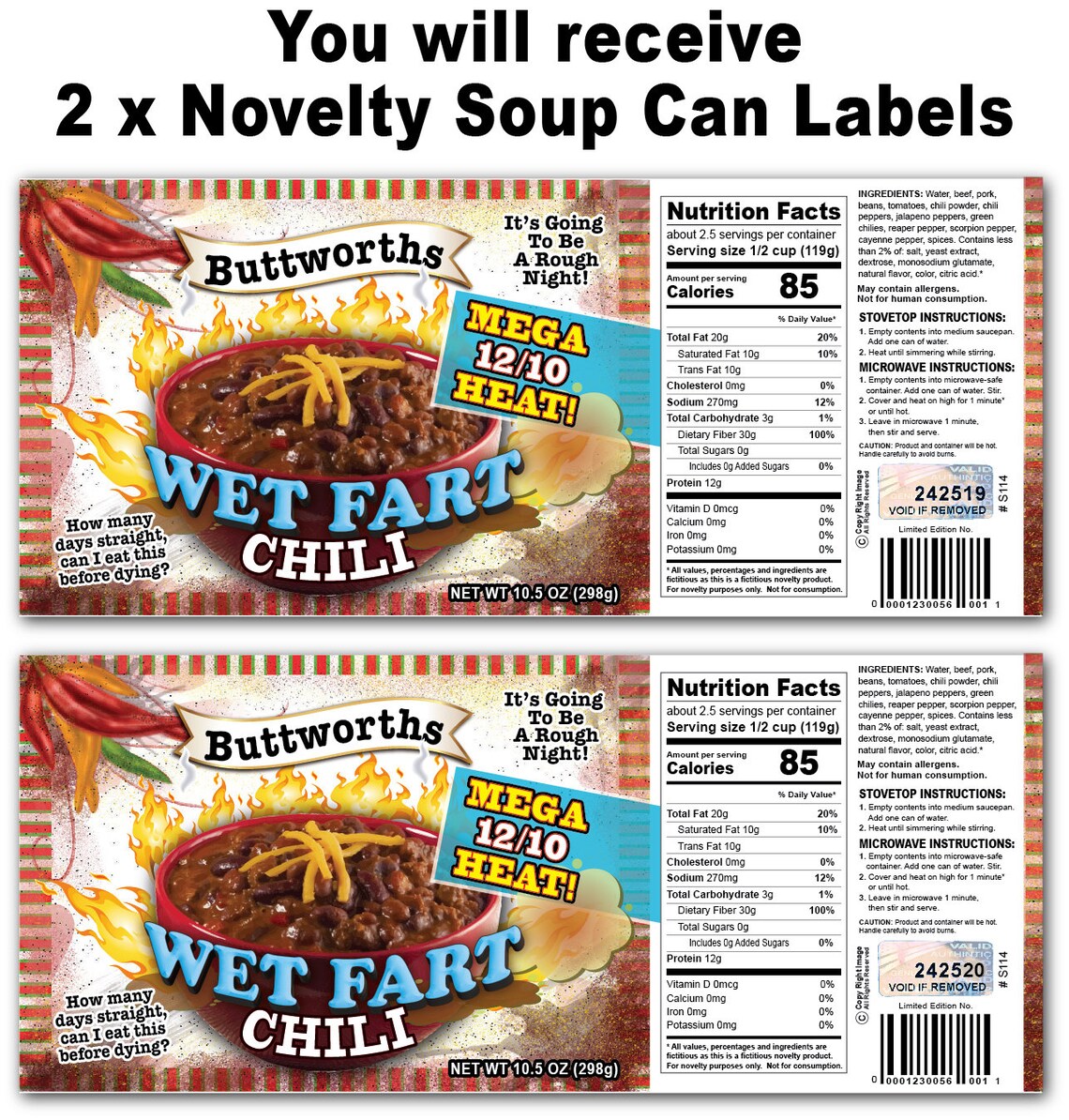 2 Funny Wet Fart Chili Soup Can Labels Gag Gift GREAT Etsy
