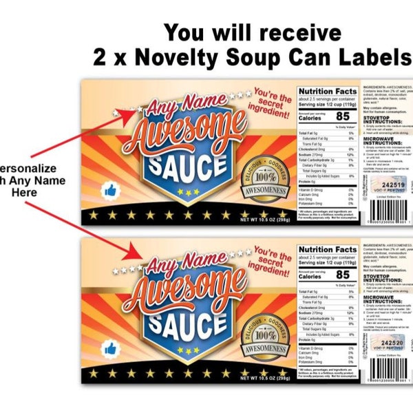 2 PERSONALIZED Funny Awesome Sauce Soup Can Labels - Gag Gift GREAT Stocking Stuffer - Christmas Gift Fun Birthday Present Party Joke Prank