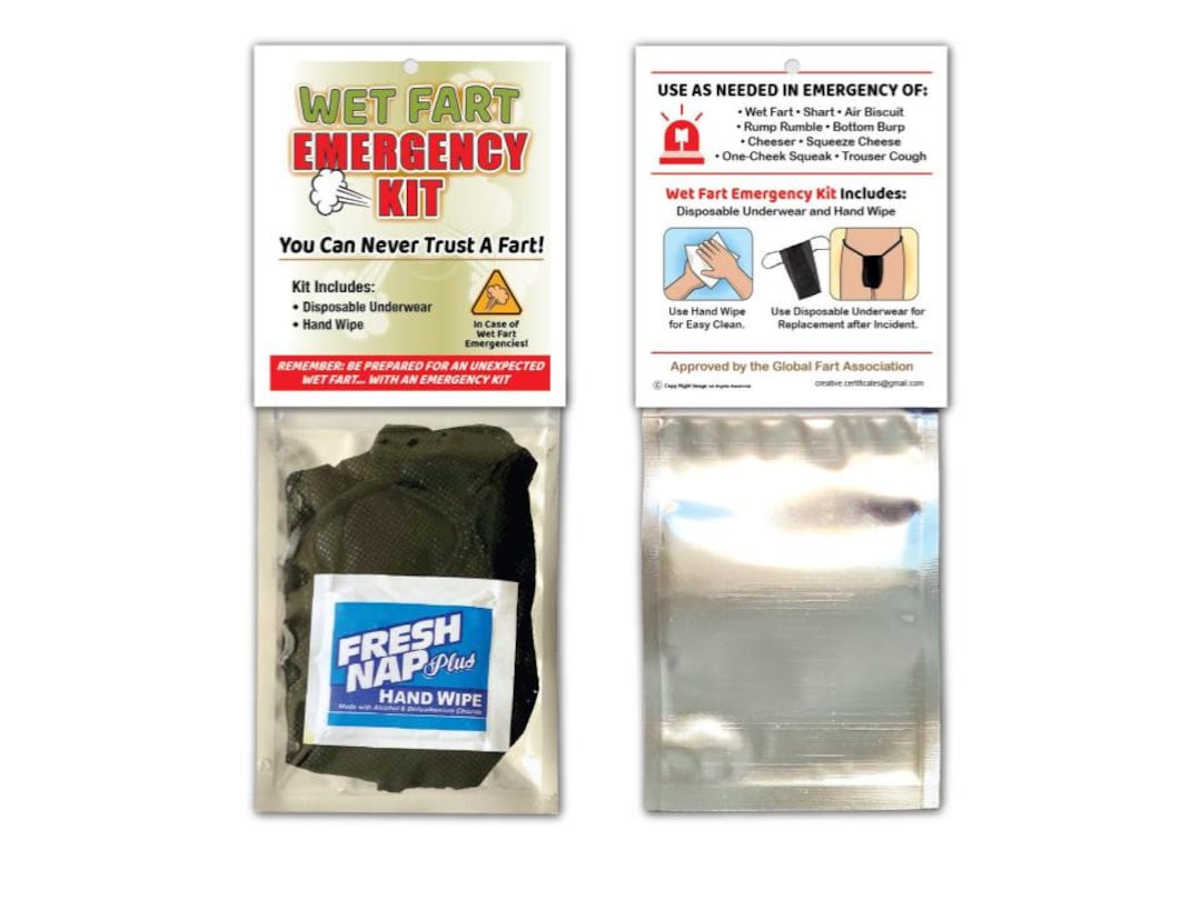  Funny Shart Survival Kit by Witty Yeti. Ultimate Poop Prank Gag Gift  Set Contains Wet Wipes, Disposable Underwear, Tissues and Hilarious Badge.  Novelty Fart Potty Pack Great for Friends or Family 